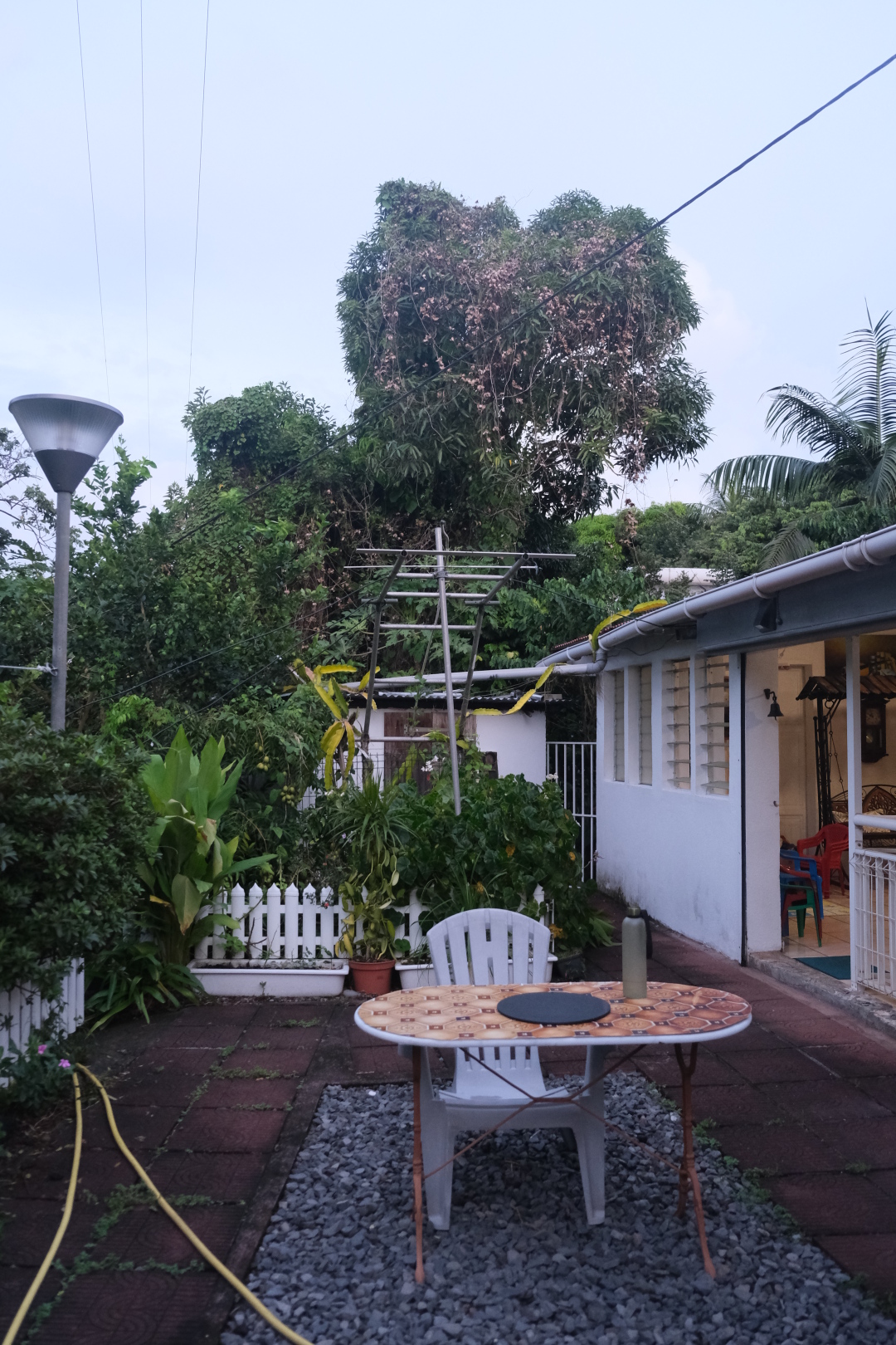 Der Garten von Jean Michel und Gilberte. im Blumentopf in der Mitte wächst Vanille. Dahinter ist ein Hühnerkäfig. Rechts der Eingang zu unserer Veranda. 