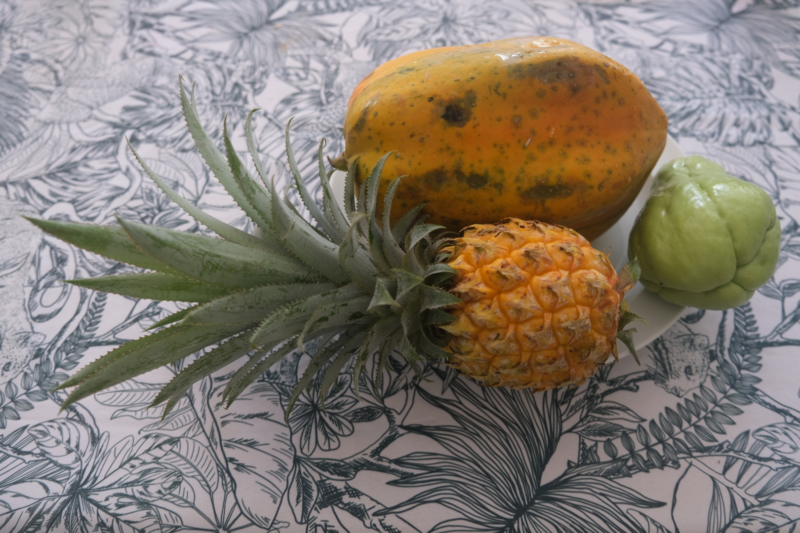 Papaya (orange, hinten), Ananas und Chouchou (das grüne rechts). Und so sieht eine Papaya von innen aus.