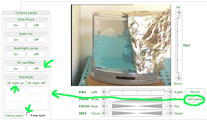 screenshot of camera control panel and new ant tunnel